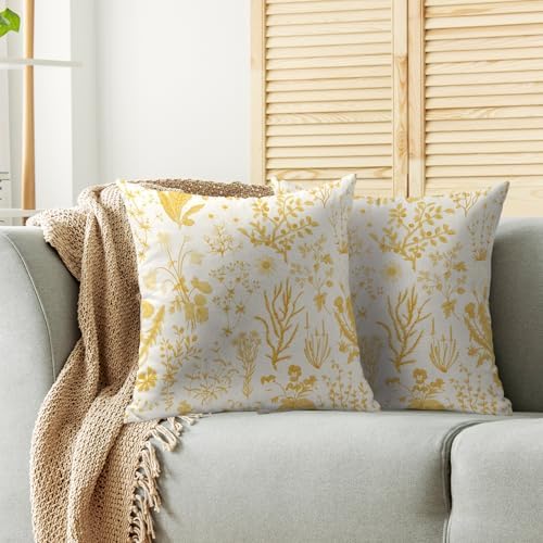 Yellow Floral Pillow Covers 20X20 Set of 2, Spring Flower Wildflowers