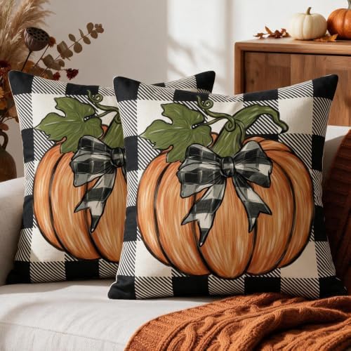 Fall Pillow Covers 22x22 Inch Set of 2, Burnt Orange Pumpkin Buffalo