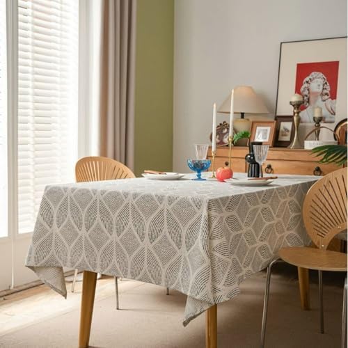 Gray Cotton Linen Rectangle Tablecloth 55 W x 70 L, Geometric Pattern