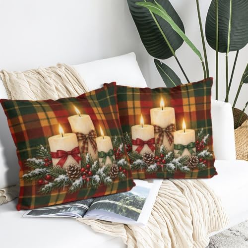 Plaid Accent Pillow Covers 22x22 Inch Set of 2 Linen for Christmas