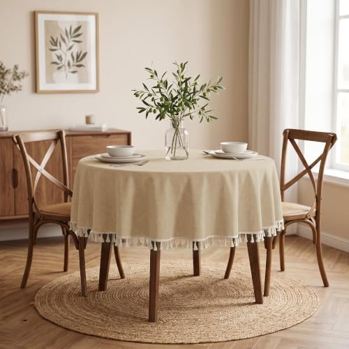 JIUZHEN Waterproof Linen Round Tablecloth with Beige Tassels