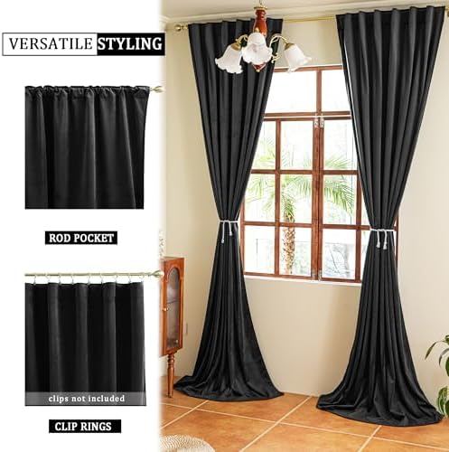 YOFUN Black Back Tab Velvet Blackout Curtains W52xL120, 2Pcs