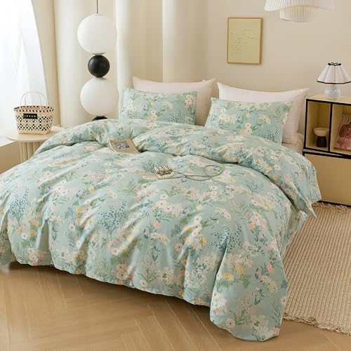 ECOCOTT Floral Duvet Cover Queen Size -3pcs Mint Blue Garden Flower