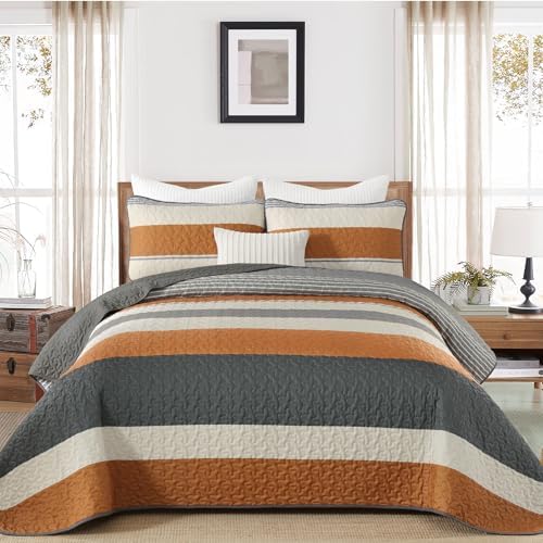 Dinjoy King Boho Striped Quilt Set, Orange Lightweight Bedspread