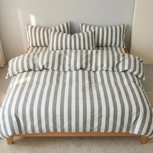 Striped King Duvet Cover Set 3-Piece, 100% Cotton Grey and White