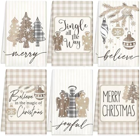 Hosuly 6 Pcs Christmas Kitchen Towels Wood Plaid Angel Dish Towels