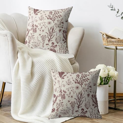 Burgundy Floral Pillow Covers 18X18 Set of 2, Spring Flower