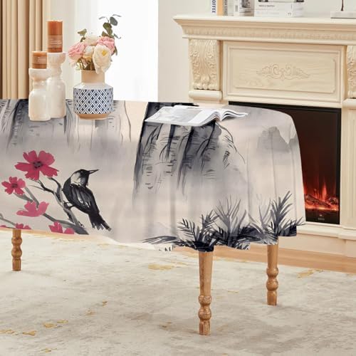 Floral and Bird Print Oval Table Cloth, Waterproof Duty Vinyl Plaid