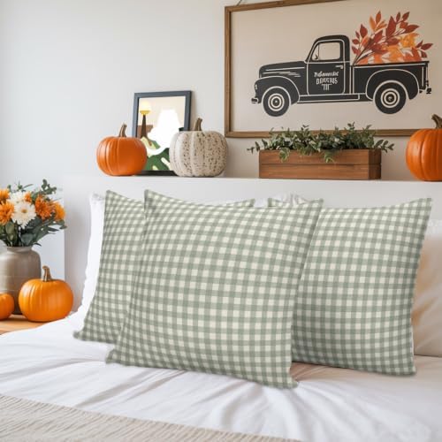 Outdoor Pillow Covers Set of 2, Rustic Sage Green Beige Checker