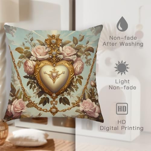 Vintage Floral Heart Throw Pillow Covers Set of 2, Cream and Gold