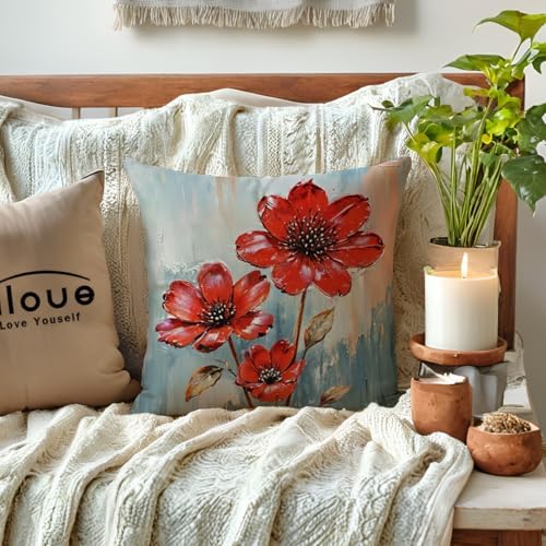 ULOVE LOVE YOURSELF 2Pack Flowers Decorative Pillow Covers Modern Red