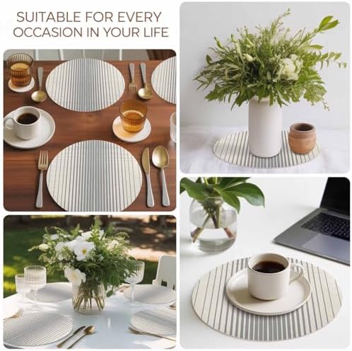 Neutral Stripe Faux Leather Placemats Set of 6, 15in, Waterproof Heat