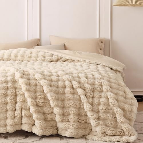 COOVA Soft Bubble Faux Fur Throw Blanket, 50"x60", Light Taupe