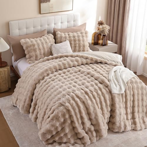 YIKUSH King Faux Fur Soft Comforter Set, Fluffy Linen Rabbit Fur