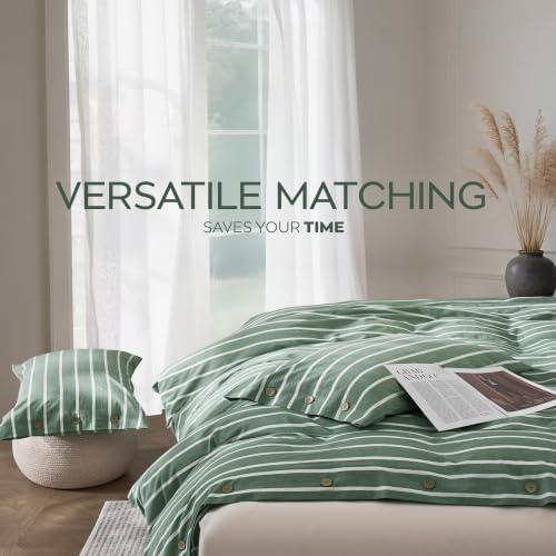 JELLYMONI Cotton Duvet Cover Full Size - Green Striped Comforter Cover