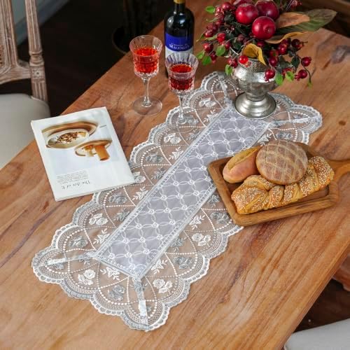ARTABLE Light Grey Lace Table Runner Macrame Embroidered Scarf
