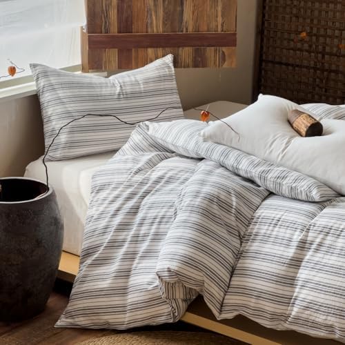 LifeTB Retro Striped Duvet Cover Set Full - 3 Piece Vintage White Grey