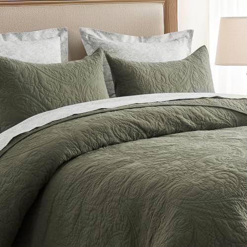 EVERGRACEHOME 100% Cotton Paisley Quilt Set, Queen Size, Olive Green