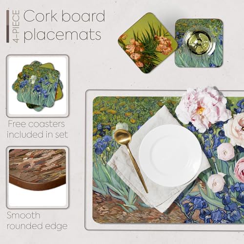 Set of 4 Heat Resistant Cork Placemats for Dining Table with Free Set