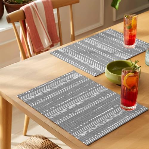 Grey Boho Placemats Set of 8, Cotton Linen Fabric Place Mats, Rthnic