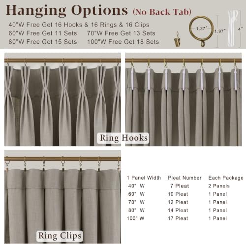 Grey Beige Pleated Linen Curtains 120 Inch Length 2 Panels Set Semi