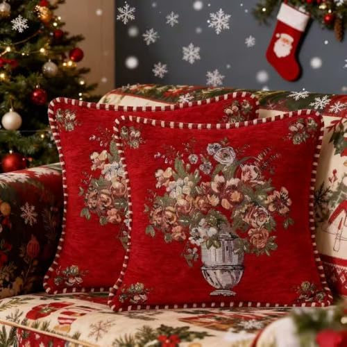 Set of 2 Christmas Vintage Red Floral Throw Pillow Covers 18x18 Inch