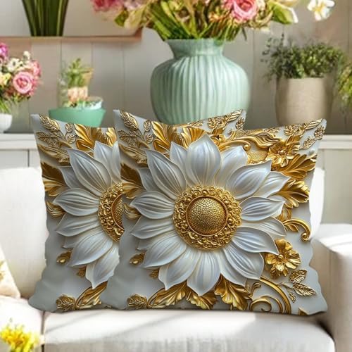 Elegant Floral Pillow Covers Set of 2, White and Gold 3D Flower Throw
