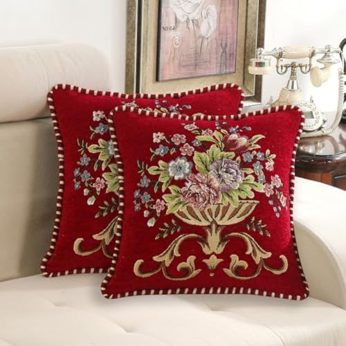 Set of 2 Red Christmas Vintage Embroidered Throw Pillows Covers