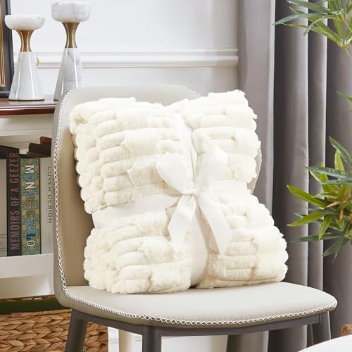 JONIYEAR Soft Fluffy Striped Faux Rabbit Fur Throw Blanket for Couch