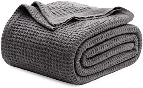 Bedsure 100% Cotton Blanket, Waffle Weave, Queen Size, Charcoal Grey