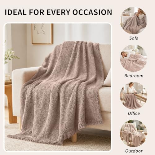 Knit Throw Blanket 50x60, Soft Fuzzy Fringe, Taupe