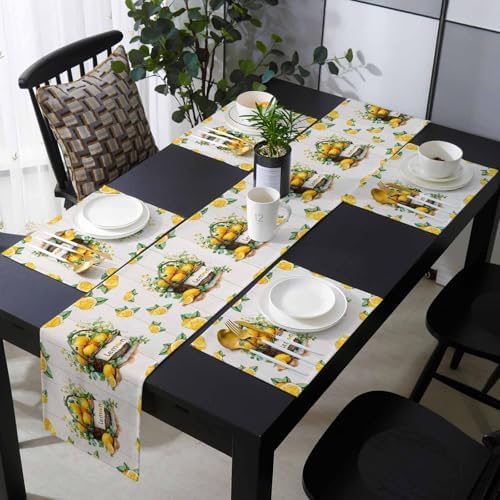 Lemon Basket Summer Table Runner and Placemats for Dining Table,Burlap