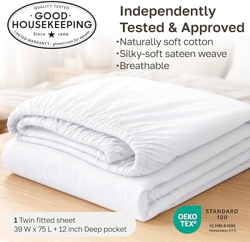 Soft Natural 100% Cotton Sateen Twin Size Fitted Sheet, Beige
