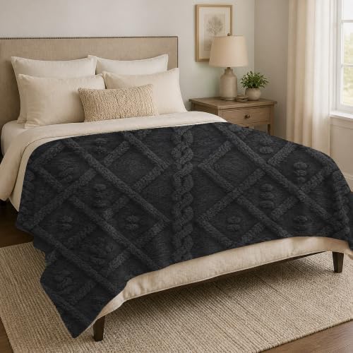 Charcoal Cable Knit Pattern Print Throw Blanket, Soft Lightweight