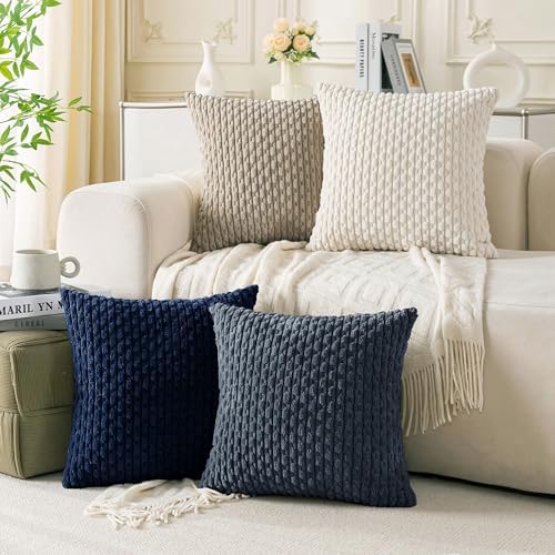 Set of 4 Navy White Taupe Decorative Throw Pillow Covers 18x18 Inch
