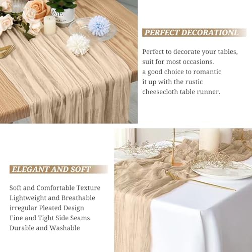 8 Pack Beige Cheesecloth Table Runners, 17 x 108 Inches Boho Wedding