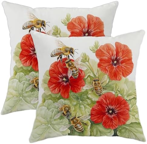 Bees and Red Flowers Throw Pillow Covers Set of 2, Botanical Garden