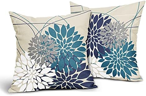 Navy Blue Teal White Grey Flower Pillow Covers 22x22 Set of 2 Dahlia