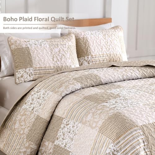Mybedsoul Beige Boho Quilt King Size, Patchwork Floral Bedding Set