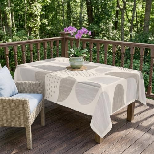 Beige Grey Ombre Geometric Table Cloth, Middle Century Vintage