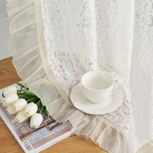 RYB HOME Ivory Embroidered Lace Sheer Curtains 96 Inch for Bedroom