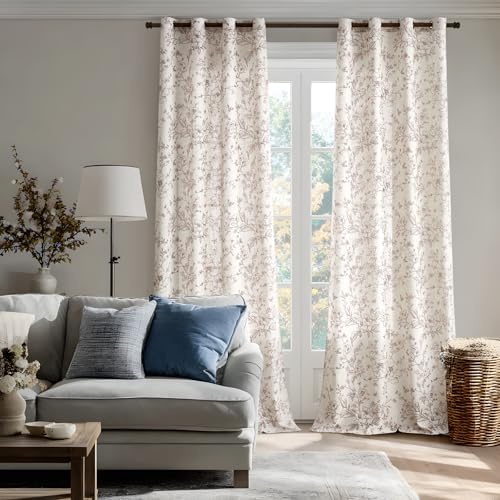 GIGIZAZA Linen Blend Living Room Curtains 96 Inch 2 Panels, Floral