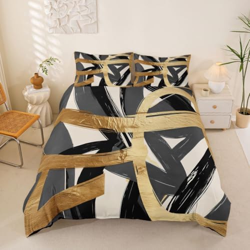 Feelyou Black Gray Gold Duvet Cover King Size Abstract Bedding Set for