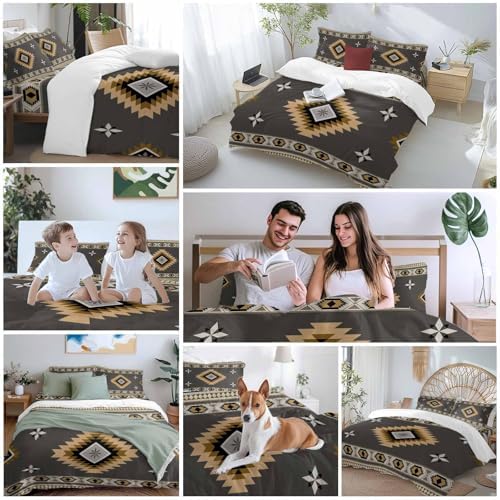 Gray Brown Boho Duvet Cover Set Full Size,Vintage Farmhouse Abstract