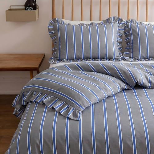 Merryword Blue and Gray Striped Duvet Cover Set King Size, 100% Cotton