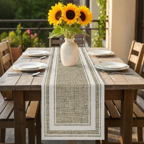 White Double Border Table Runner, Farmhouse Linen Woven Texture Beige