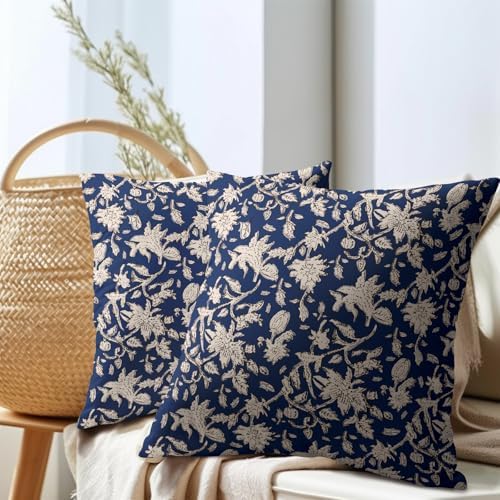 Navy Blue Floral Block Print Throw Pillow Covers 22x22 Inch Set of 2