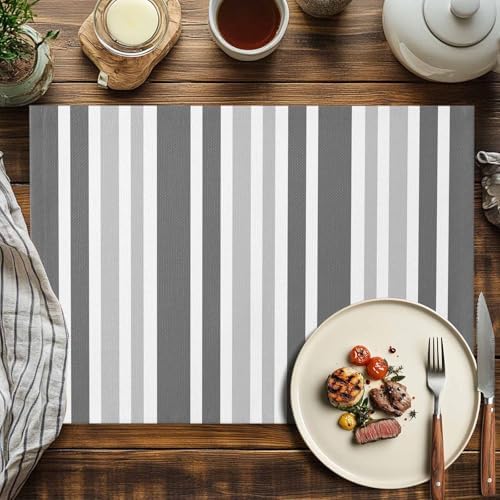Gray Geometric Placemats Set of 8, Contrast Stripes Washable Cotton