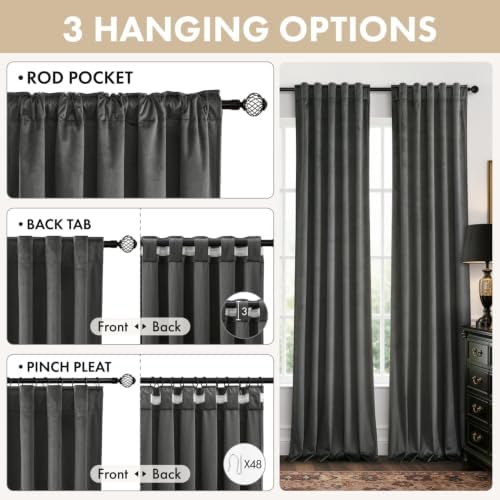 MIULEE Charcoal Grey Velvet Curtains 4 Panels Set Back Tab 40"x84"