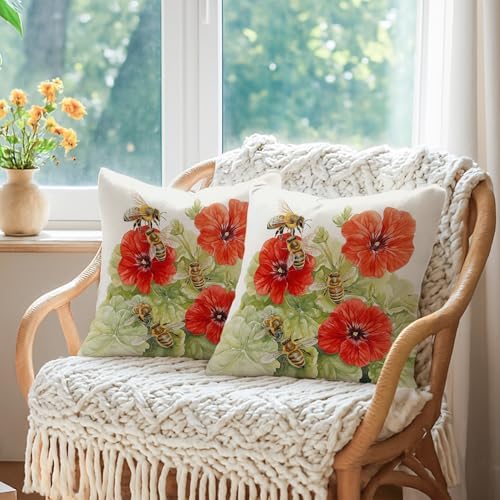 Bees and Red Flowers Throw Pillow Covers Set of 2, Botanical Garden